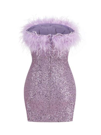 Purple Strapless Feather Sequin Mini Dress | Mix Mix Style [Hot Seller]-Mix MIx Style