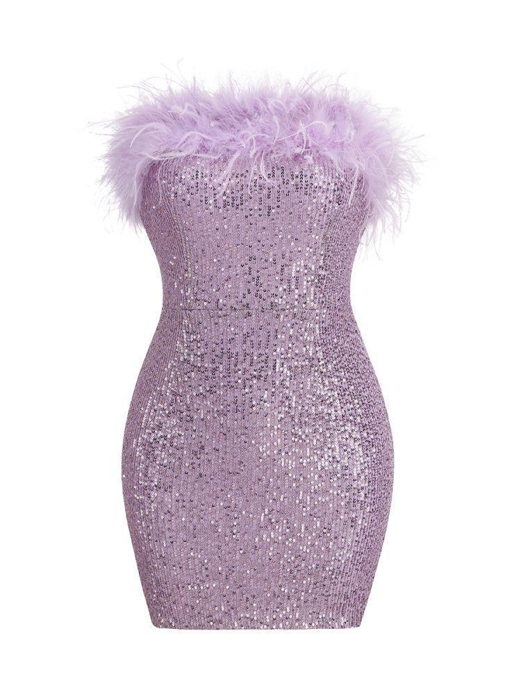 Purple Strapless Feather Sequin Mini Dress | Mix Mix Style [Hot Seller]-Mix MIx Style