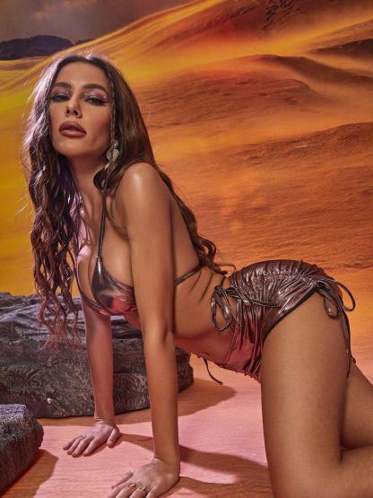 Metallic Ruched Bikini Three Piece Set In Rose Gold | Mix Mix Style-Mix MIx Style
