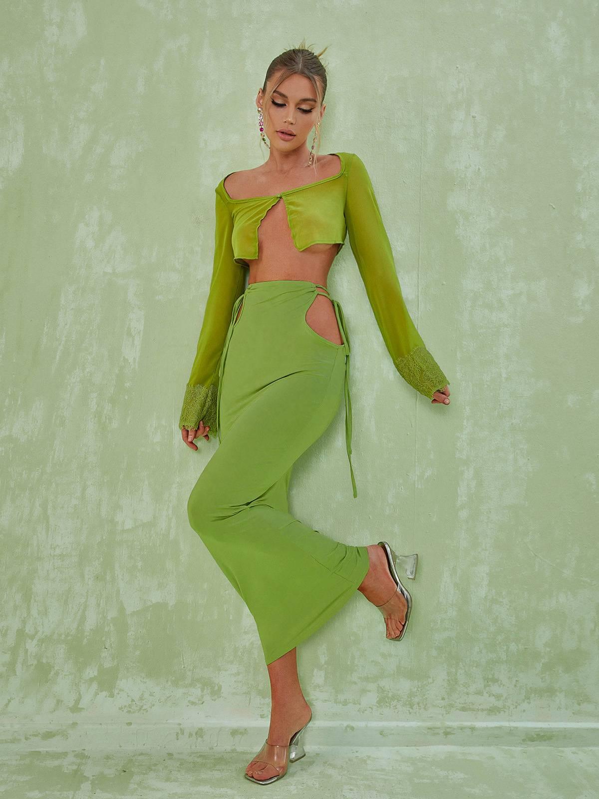 Marlene Long Sleeve Cutout Set In Green-Mix MIx Style