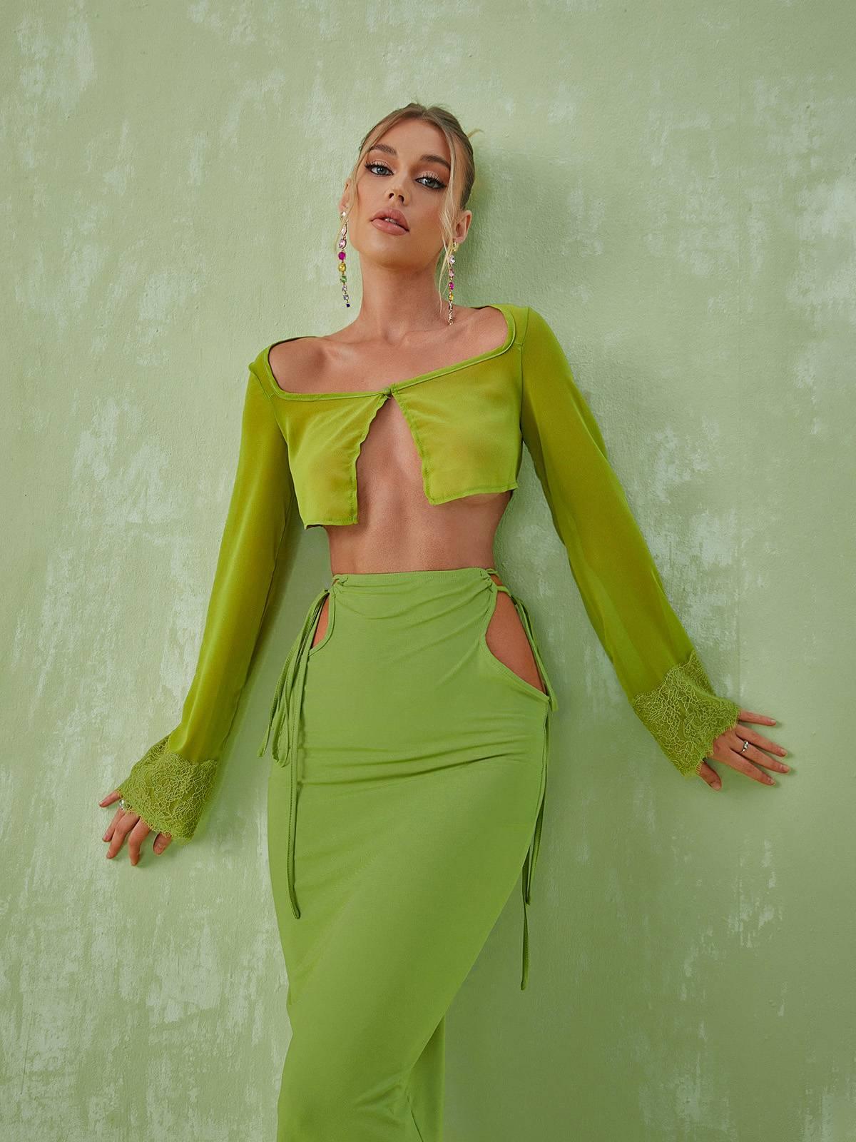 Marlene Long Sleeve Cutout Set In Green-Mix MIx Style
