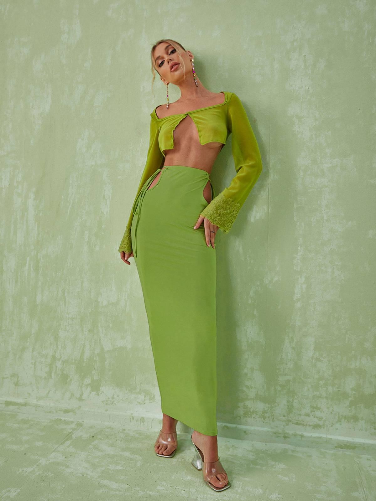 Marlene Long Sleeve Cutout Set In Green-Mix MIx Style