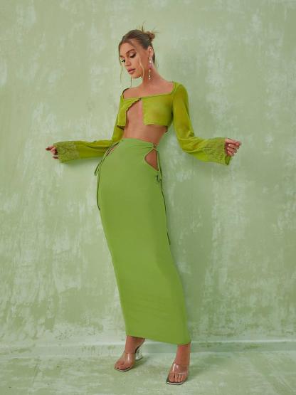 Marlene Long Sleeve Cutout Set In Green-Mix MIx Style