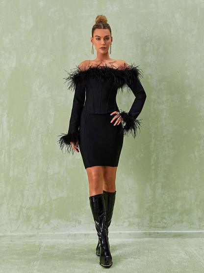 Mathilda Feather Corset Bandage Set In Black-Mix MIx Style