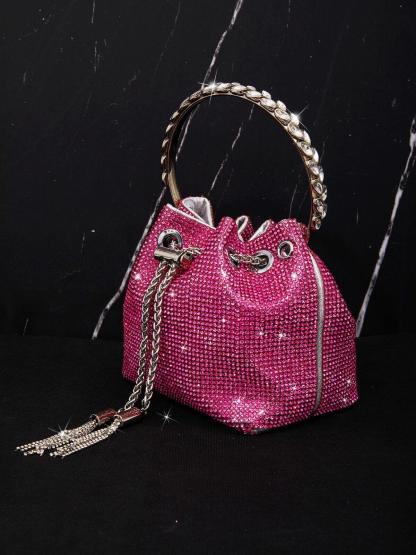 Crystal Embellished Bucket Bag In Hot Pink Handbags & Evening Bags | Mix Mix Style [Hot Seller]-Mix MIx Style