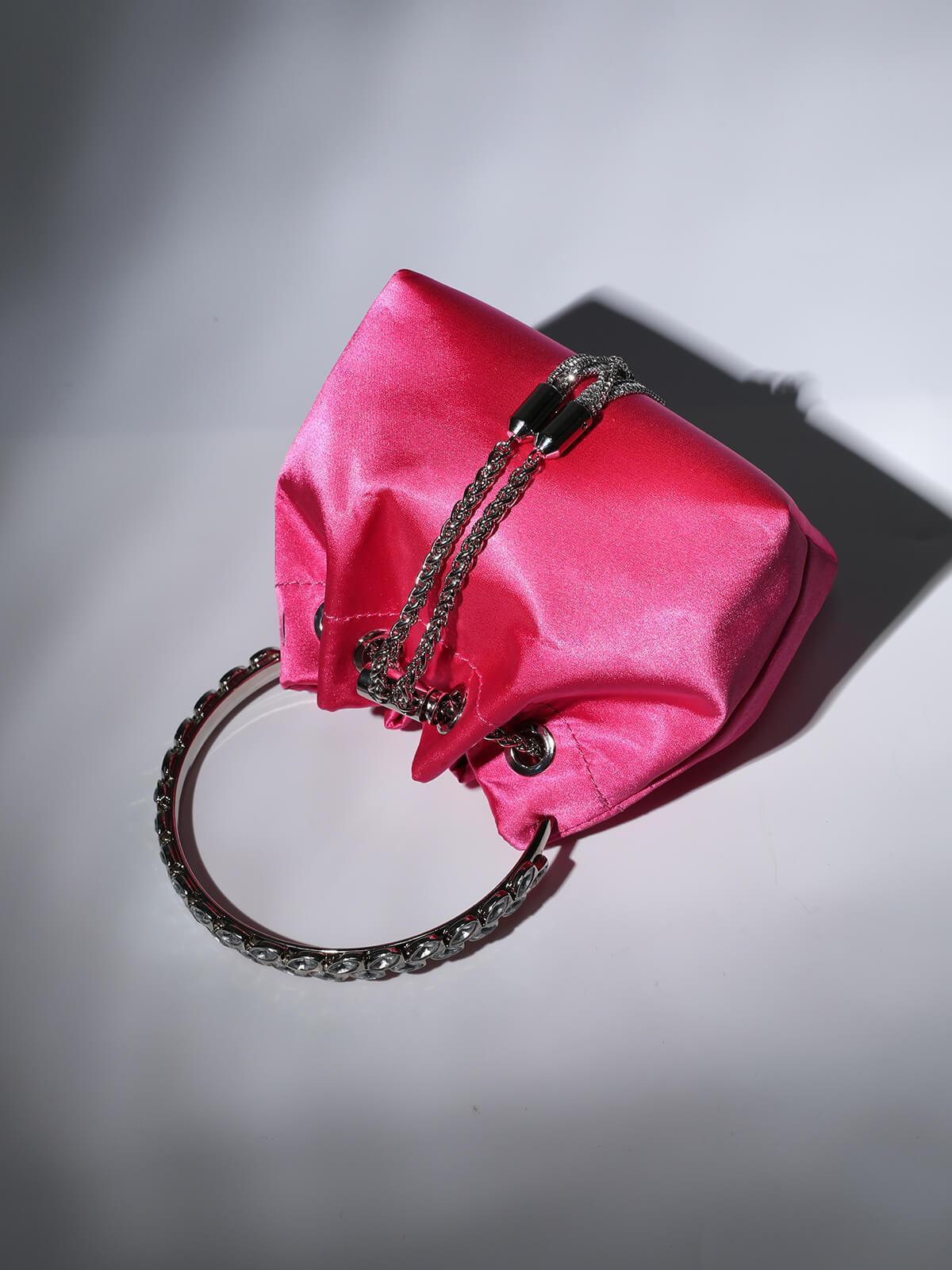 Mattea Satin Crystal Embellished Bucket Bag In Hot Pink-Mix MIx Style