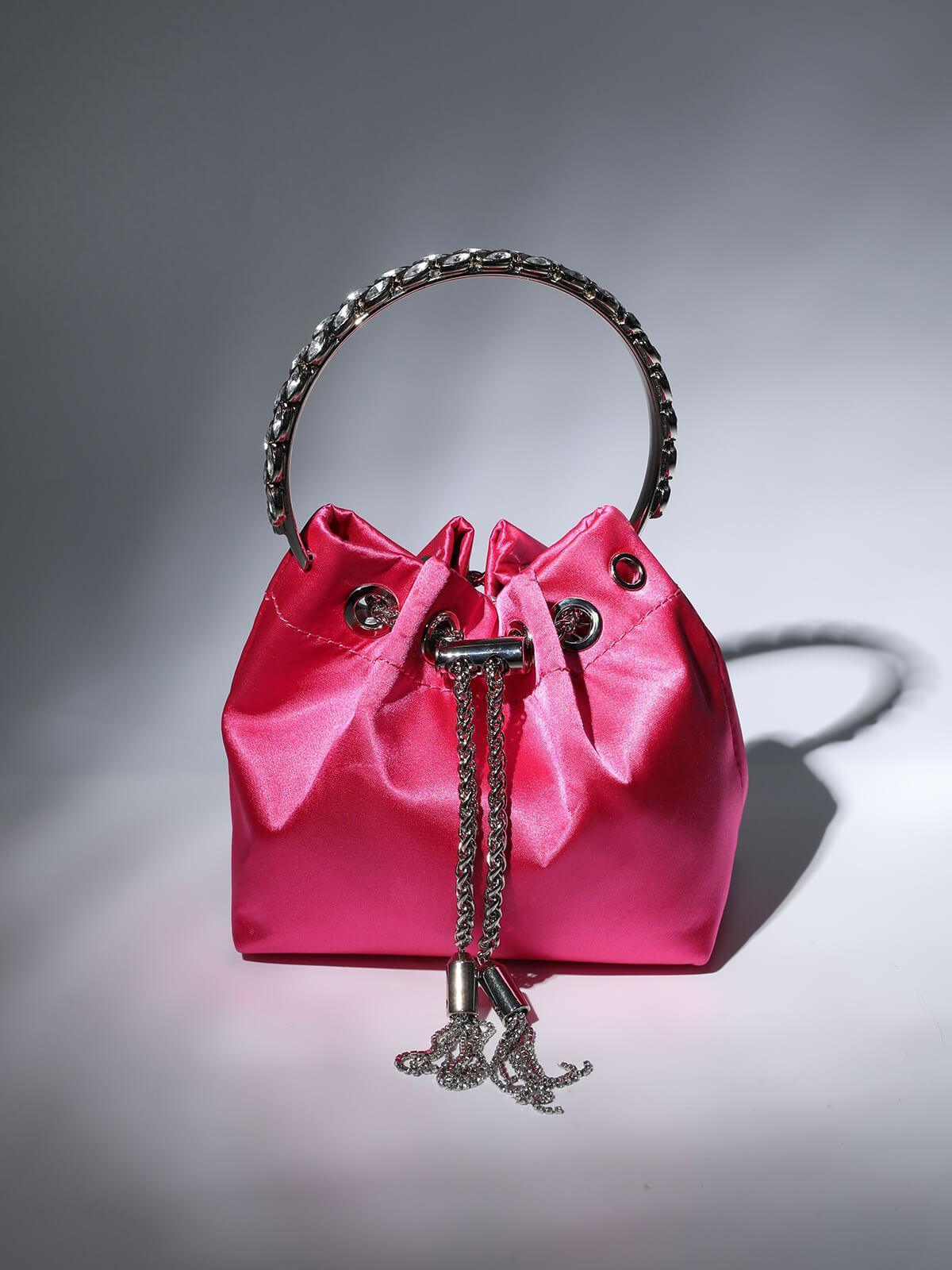 Mattea Satin Crystal Embellished Bucket Bag In Hot Pink-Mix MIx Style