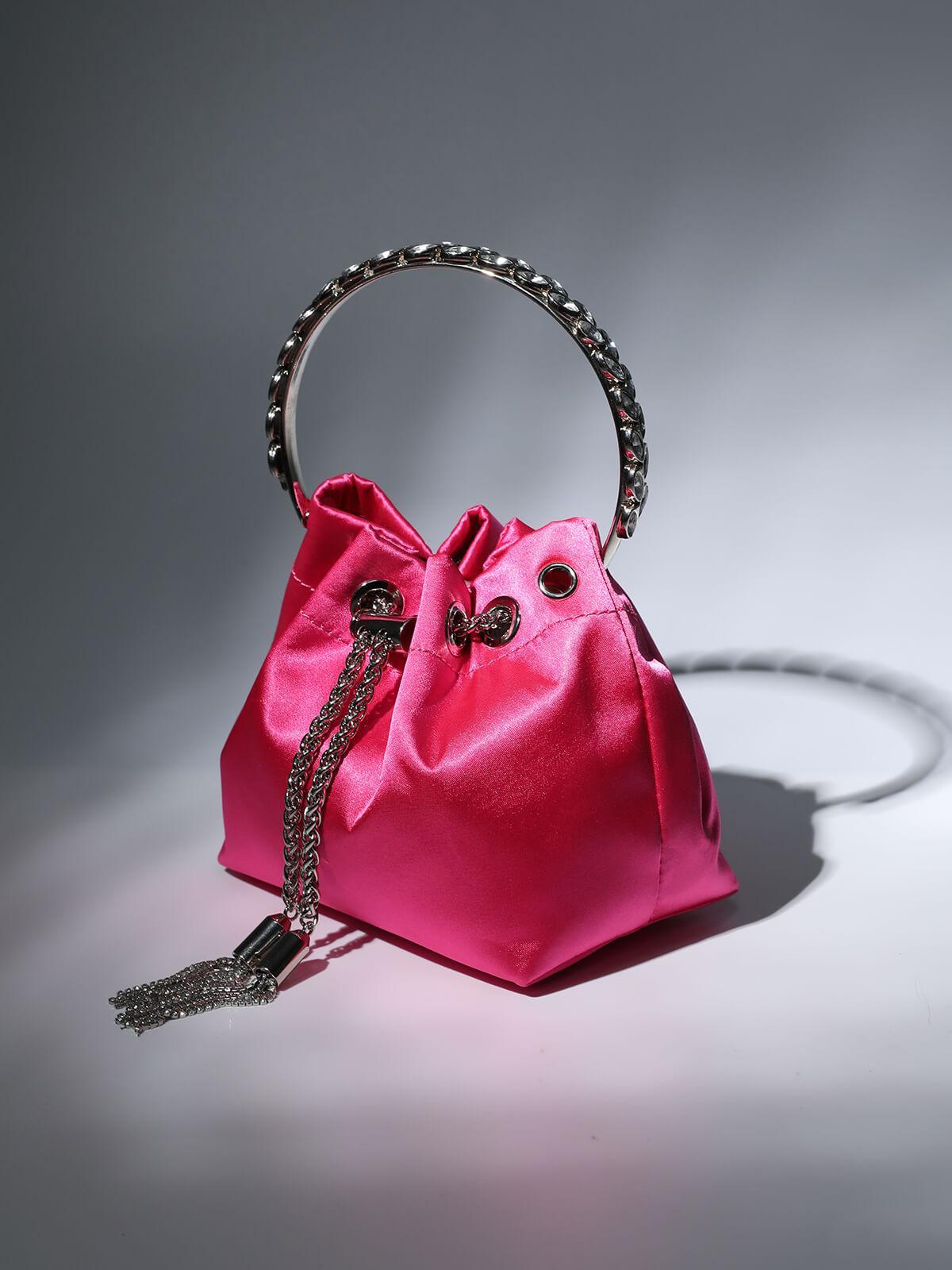 Mattea Satin Crystal Embellished Bucket Bag In Hot Pink-Mix MIx Style