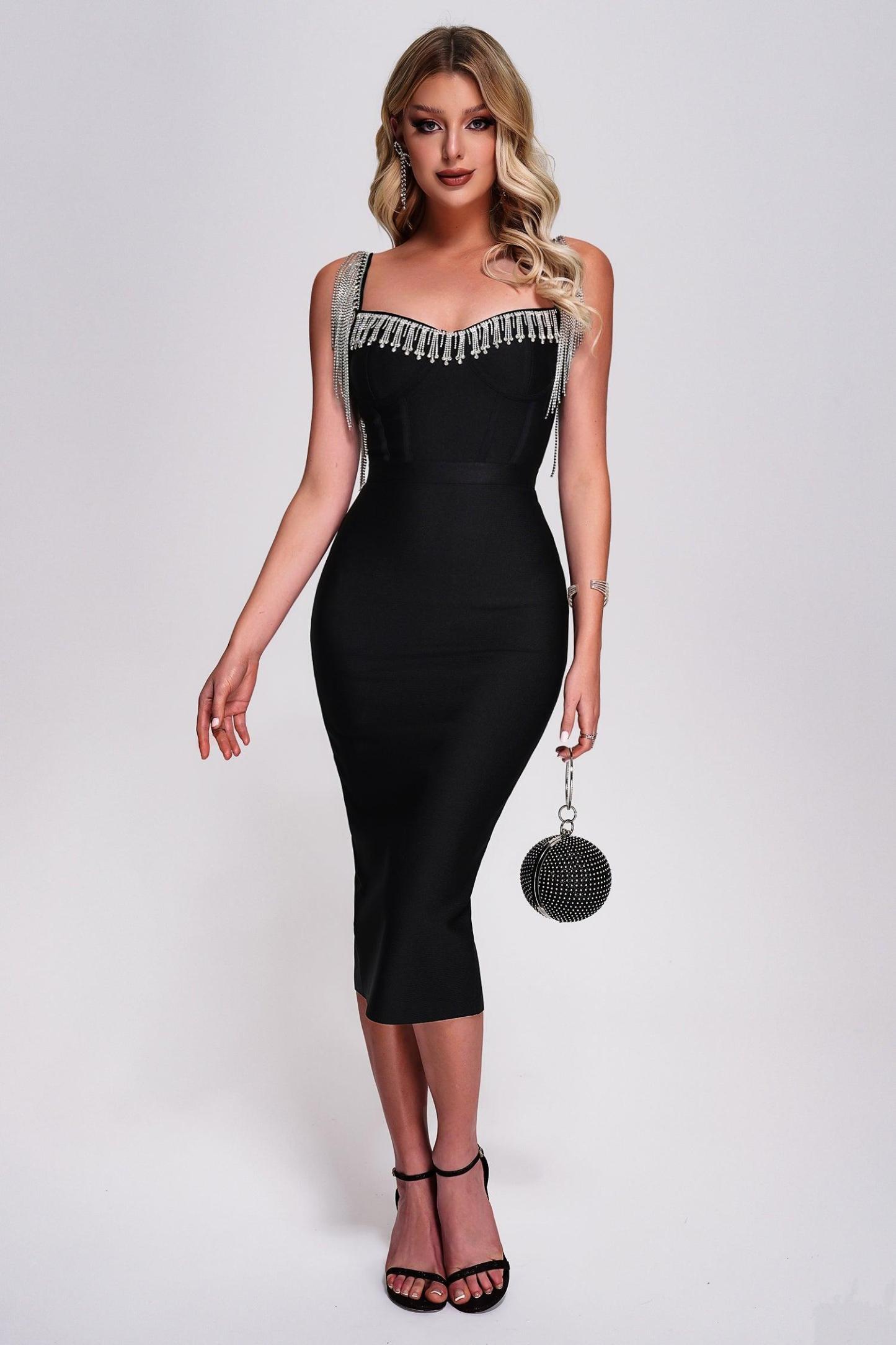 Black Rhinestone Midi Bandage Dress | Mix Mix Style [Hot Seller]-Mix MIx Style