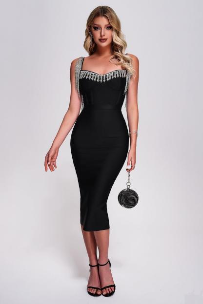 Black Rhinestone Midi Bandage Dress | Mix Mix Style [Hot Seller]-Mix MIx Style