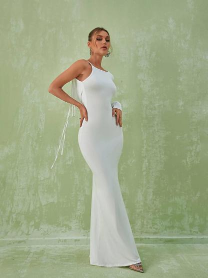 Meliora One Shoulder Backless Maxi Dress In White-Mix MIx Style