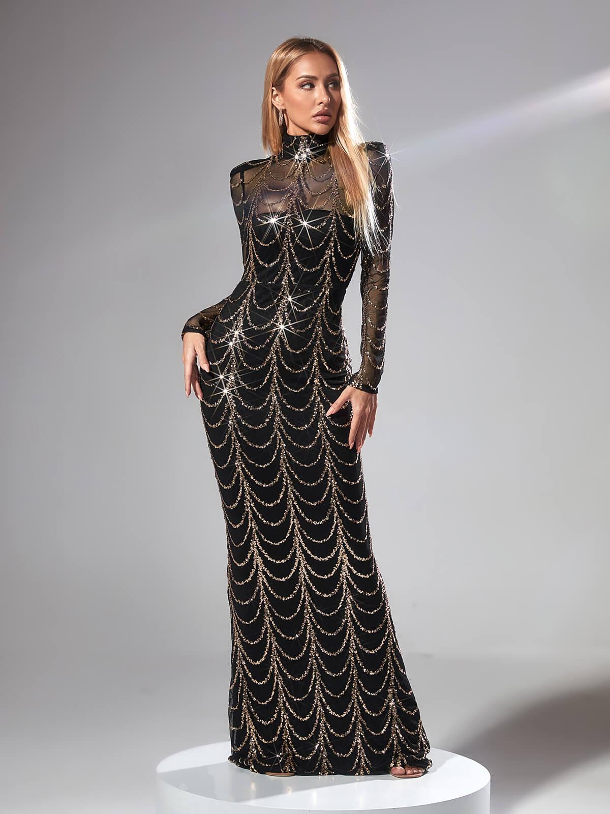 Black Long Sleeve Sequin Maxi Dress In Black | Mix Mix Style [Hot Seller]-Mix MIx Style