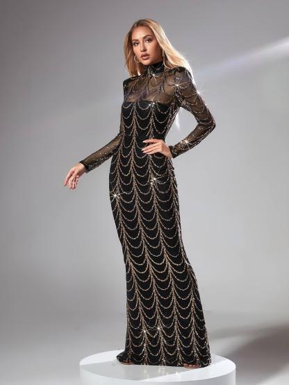 Black Long Sleeve Sequin Maxi Dress In Black | Mix Mix Style [Hot Seller]-Mix MIx Style