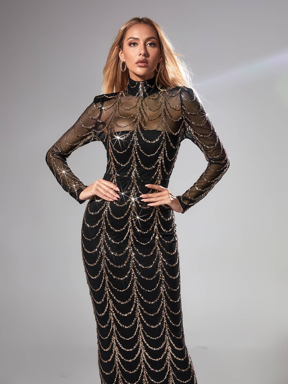 Black Long Sleeve Sequin Maxi Dress In Black | Mix Mix Style [Hot Seller]-Mix MIx Style