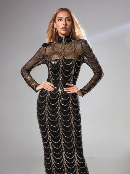 Black Long Sleeve Sequin Maxi Dress In Black | Mix Mix Style [Hot Seller]-Mix MIx Style