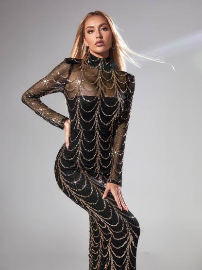 Black Long Sleeve Sequin Maxi Dress In Black | Mix Mix Style [Hot Seller]-Mix MIx Style