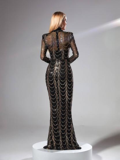 Black Long Sleeve Sequin Maxi Dress In Black | Mix Mix Style [Hot Seller]-Mix MIx Style
