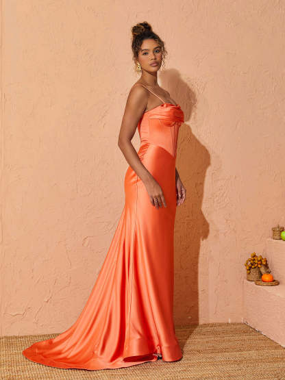 Spaghetti Satin Maxi Dress In Orange | Mix Mix Style [Hot Seller]-Mix MIx Style