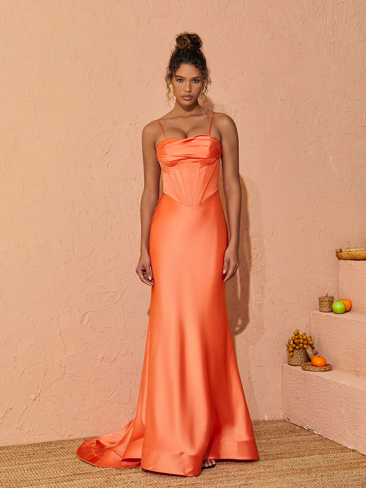 Spaghetti Satin Maxi Dress In Orange | Mix Mix Style [Hot Seller]-Mix MIx Style