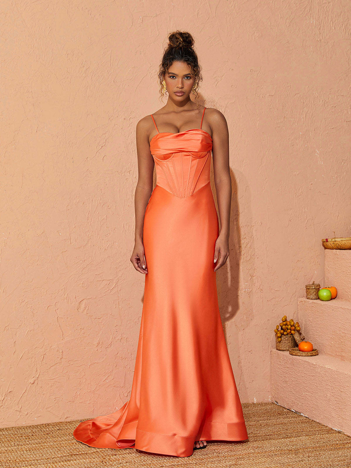 Spaghetti Satin Maxi Dress In Orange | Mix Mix Style [Hot Seller]-Mix MIx Style