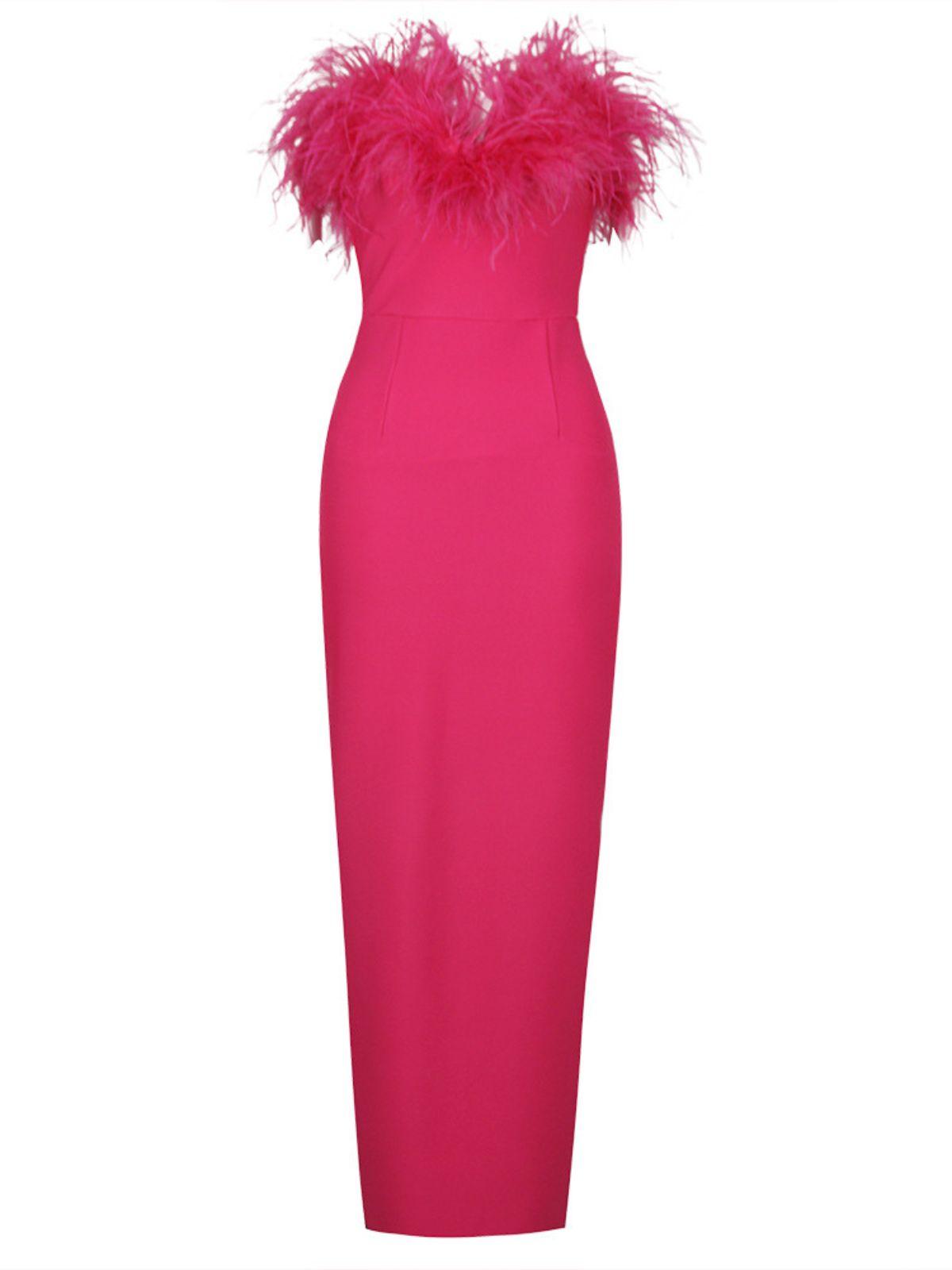 Mina Strapless Feather Trimmed Bandage Dress In Hot Pink-Mix MIx Style