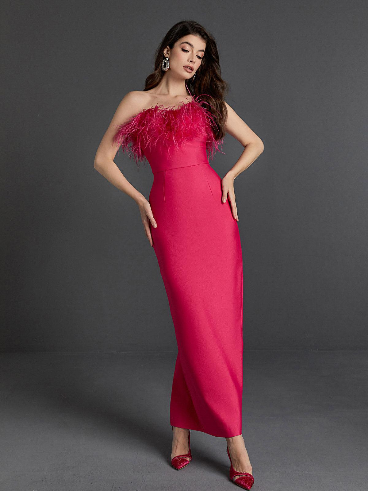 Mina Strapless Feather Trimmed Bandage Dress In Hot Pink-Mix MIx Style