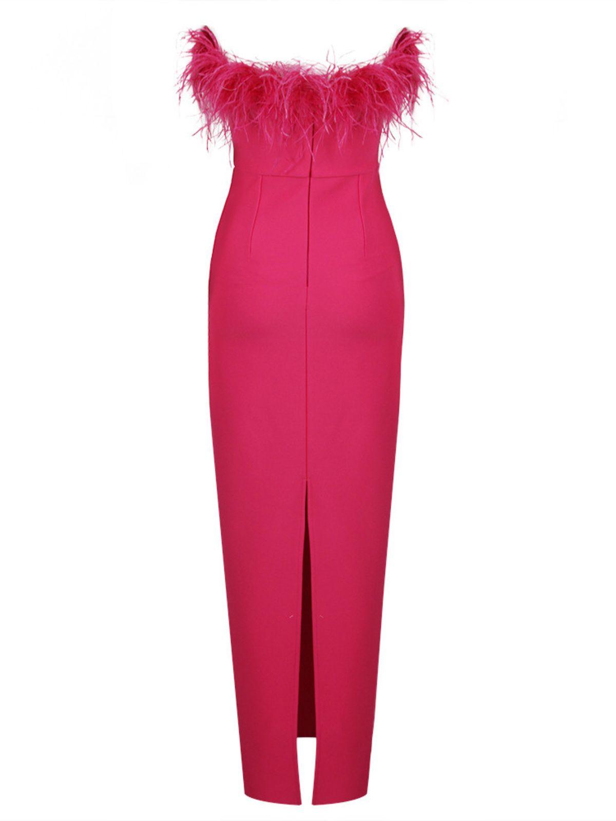 Mina Strapless Feather Trimmed Bandage Dress In Hot Pink-Mix MIx Style