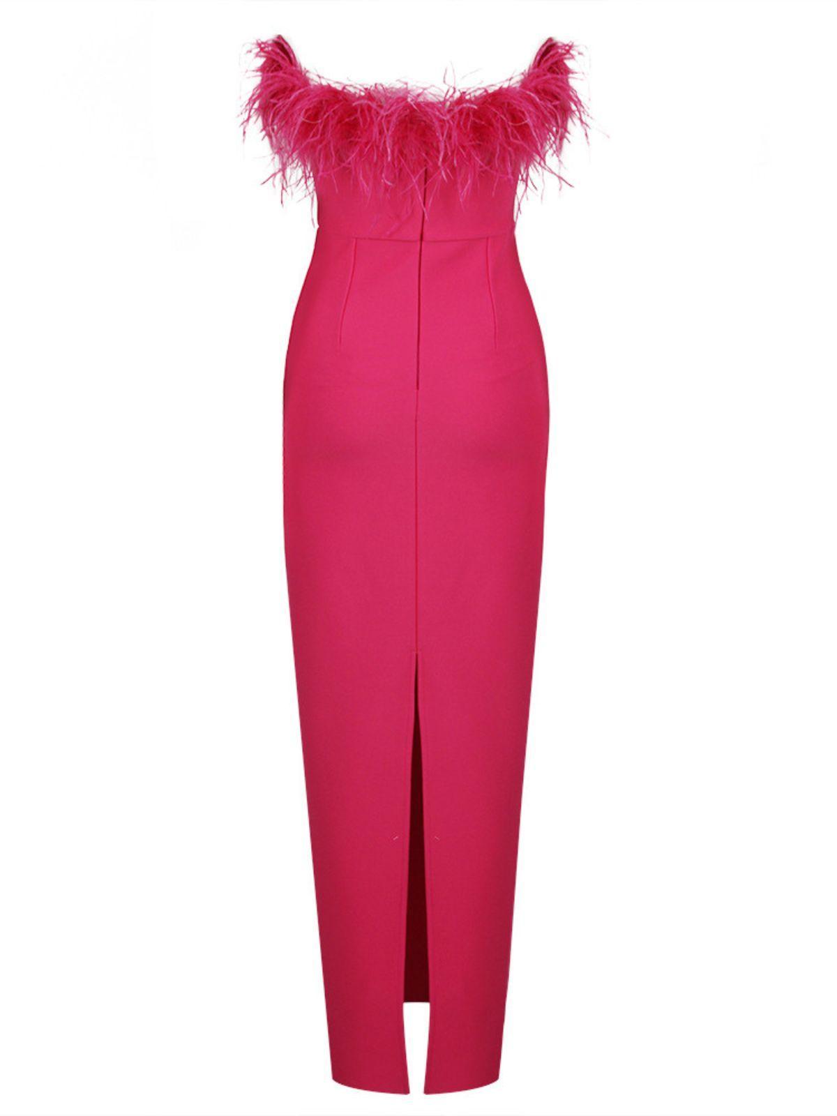 Mina Strapless Feather Trimmed Bandage Dress In Hot Pink-Mix MIx Style