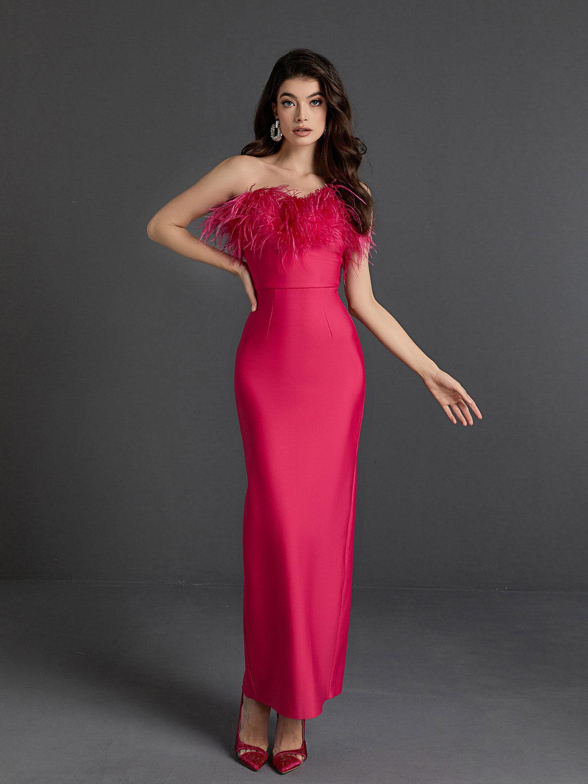 Mina Strapless Feather Trimmed Bandage Dress In Hot Pink-Mix MIx Style