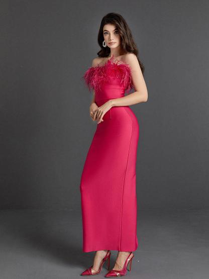 Mina Strapless Feather Trimmed Bandage Dress In Hot Pink-Mix MIx Style