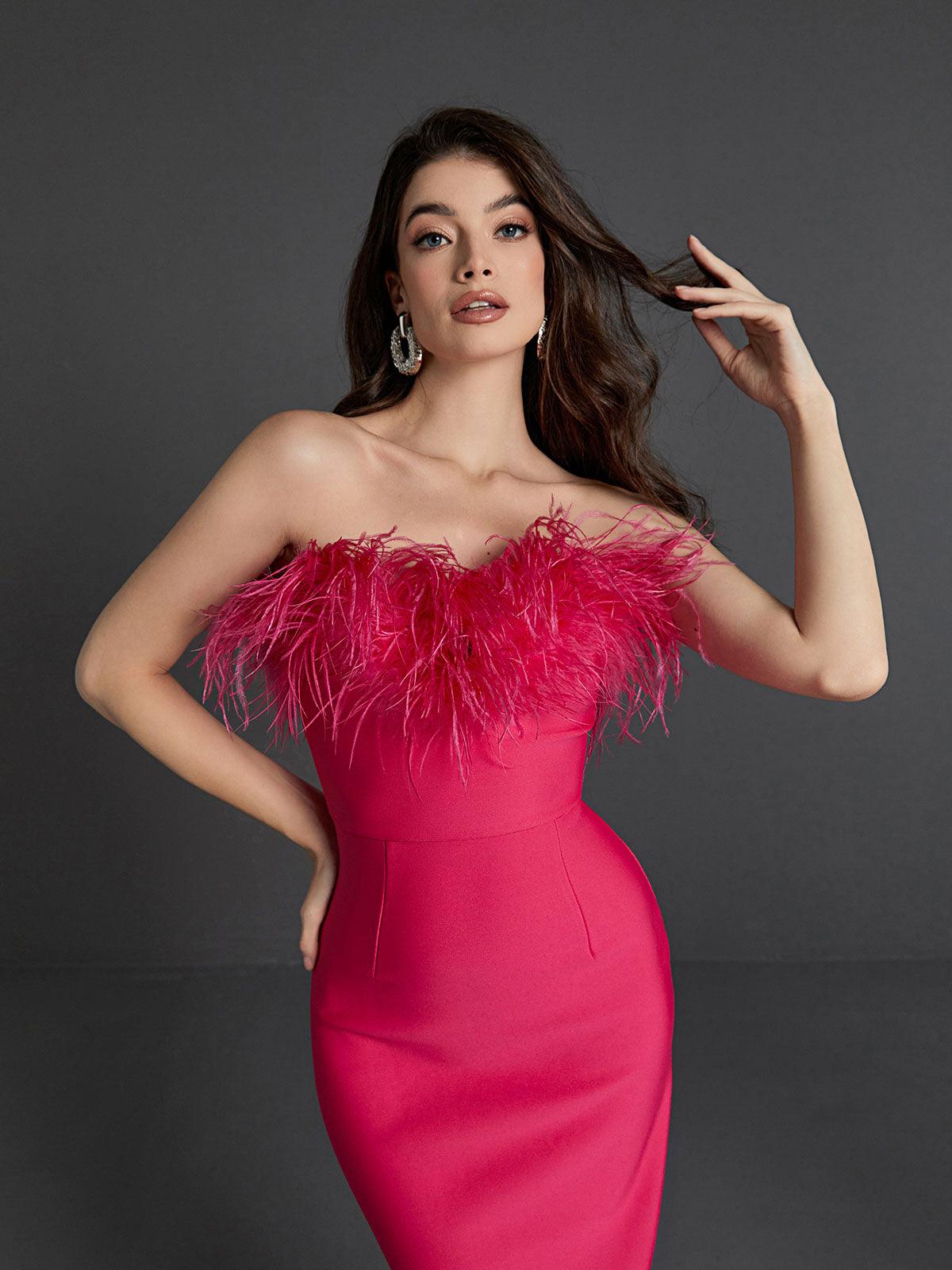 Mina Strapless Feather Trimmed Bandage Dress In Hot Pink-Mix MIx Style