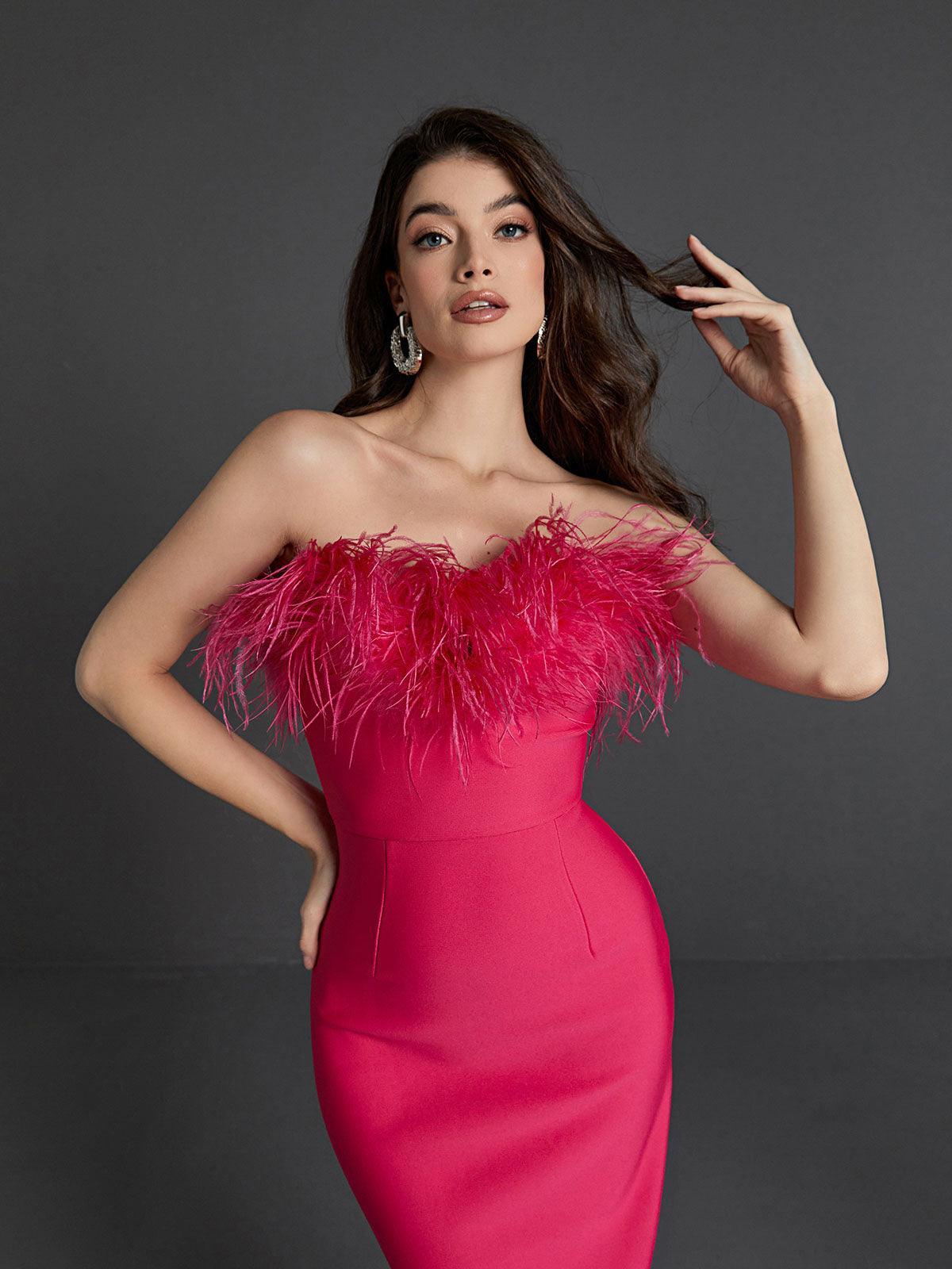 Mina Strapless Feather Trimmed Bandage Dress In Hot Pink-Mix MIx Style