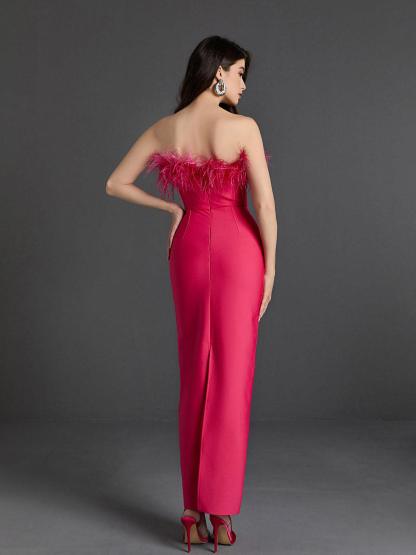 Mina Strapless Feather Trimmed Bandage Dress In Hot Pink-Mix MIx Style