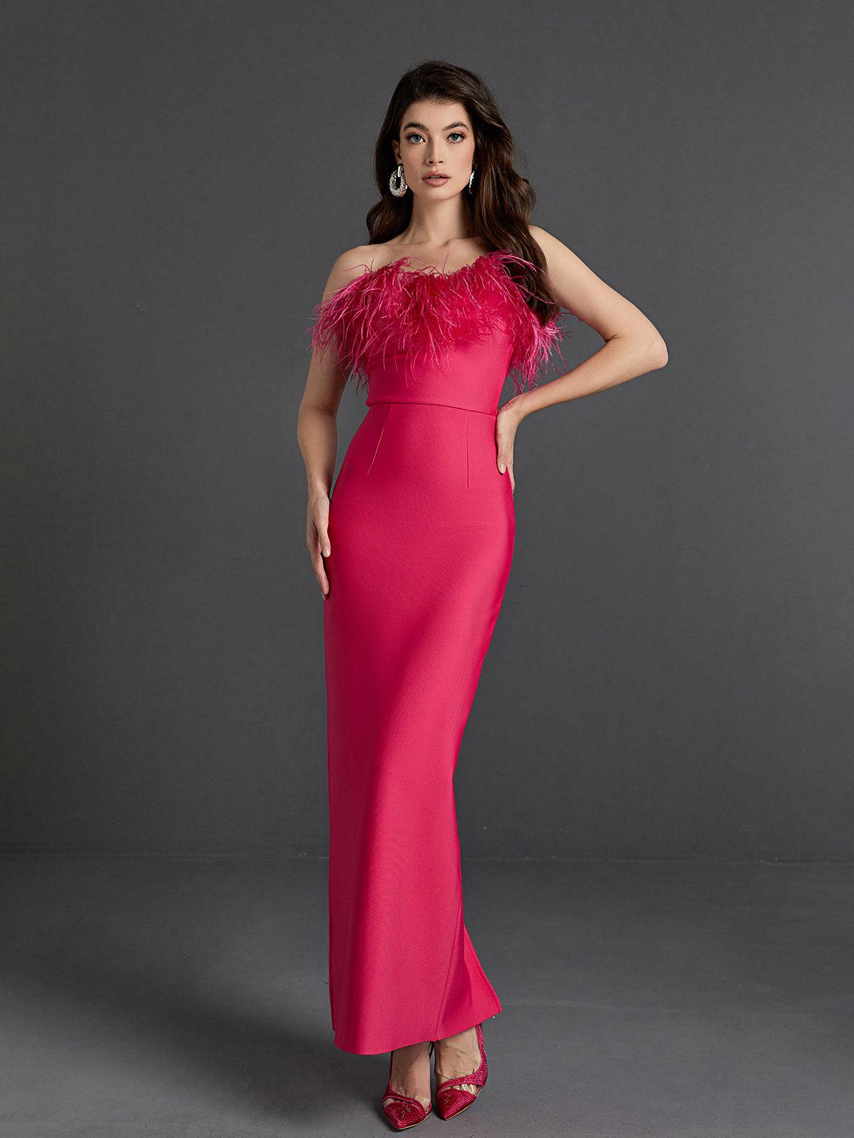 Mina Strapless Feather Trimmed Bandage Dress In Hot Pink-Mix MIx Style