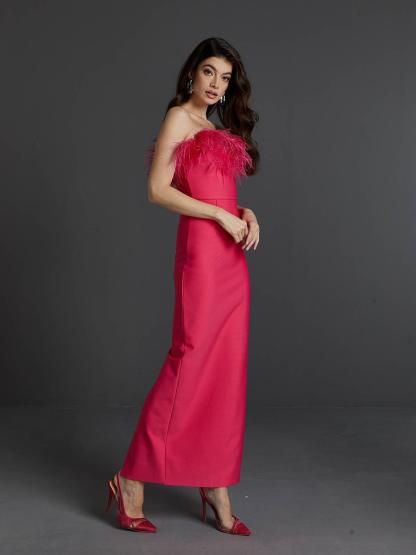 Mina Strapless Feather Trimmed Bandage Dress In Hot Pink-Mix MIx Style