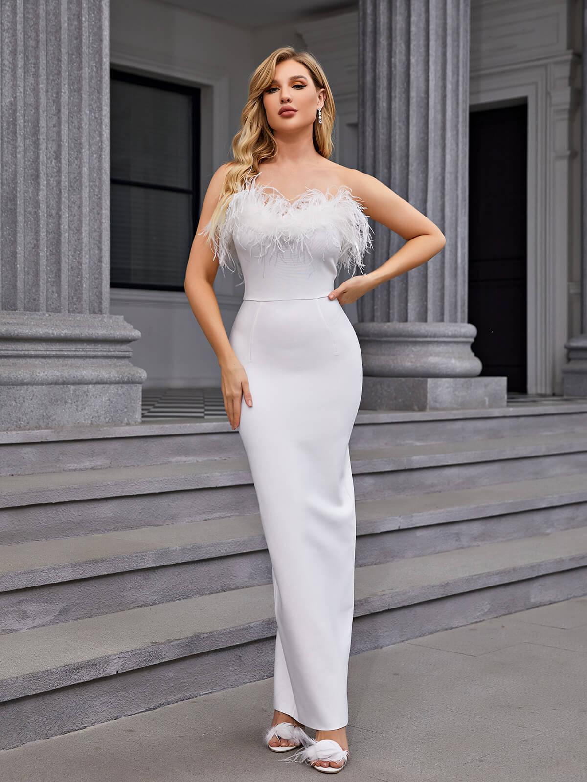 Mina Strapless Feather Trimmed Bandage Dress In White-Mix MIx Style