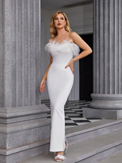 Mina Strapless Feather Trimmed Bandage Dress In White-Mix MIx Style