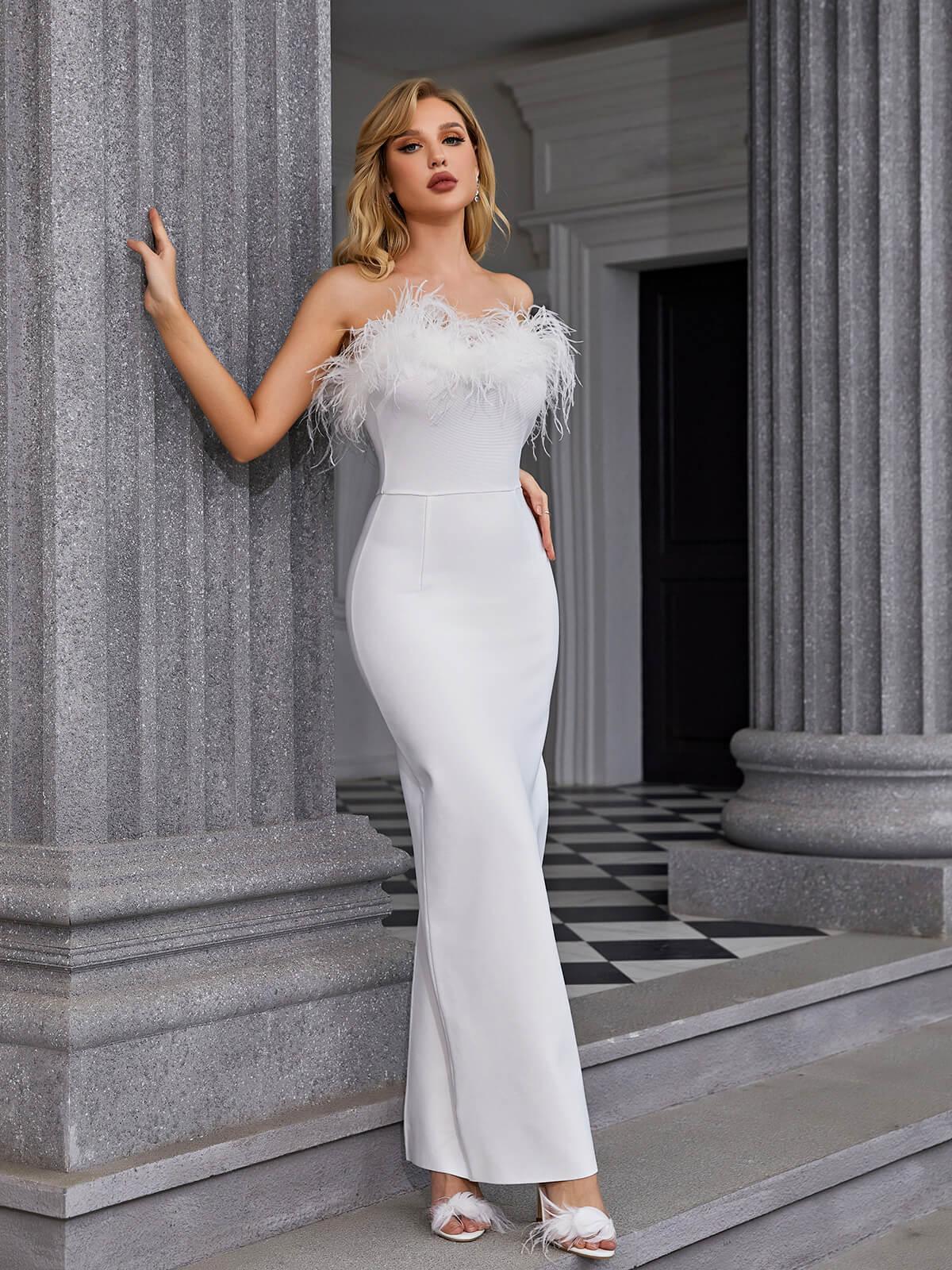 Mina Strapless Feather Trimmed Bandage Dress In White-Mix MIx Style