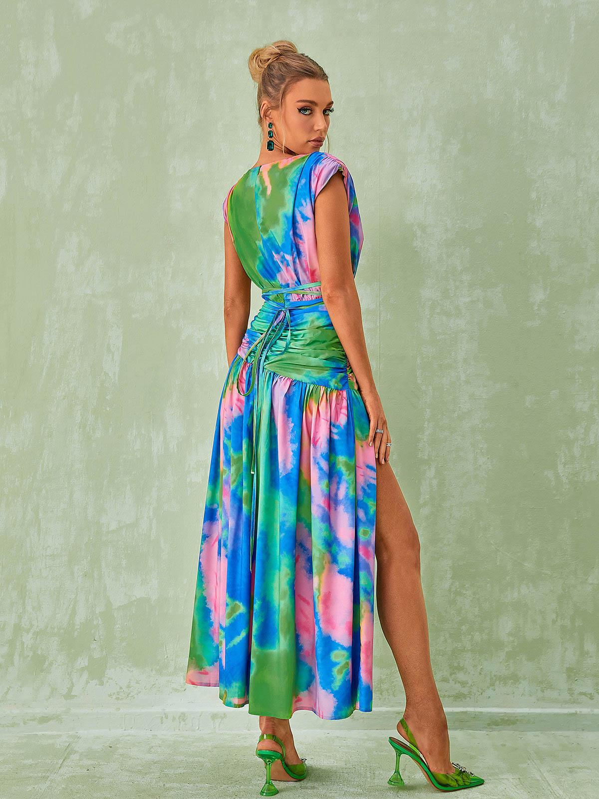 Monique Plunge Neck Split Printed Dress-Mix MIx Style