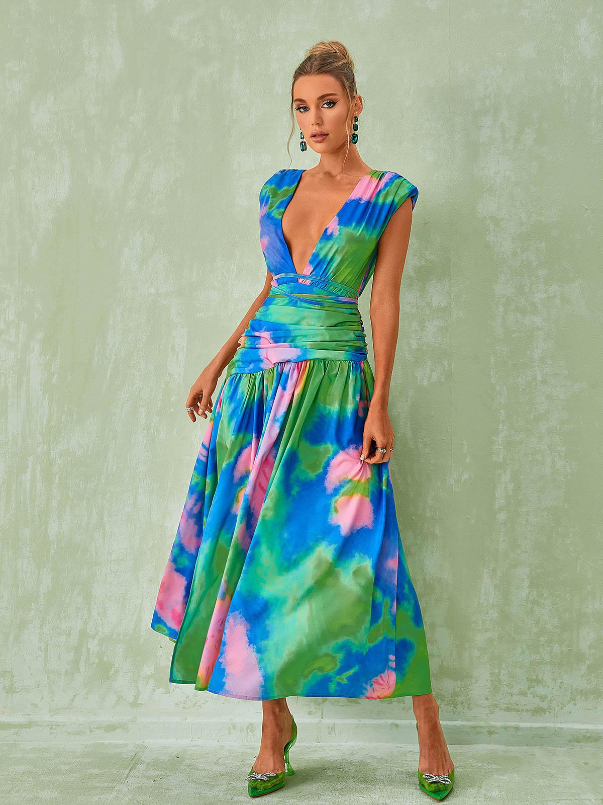 Monique Plunge Neck Split Printed Dress-Mix MIx Style