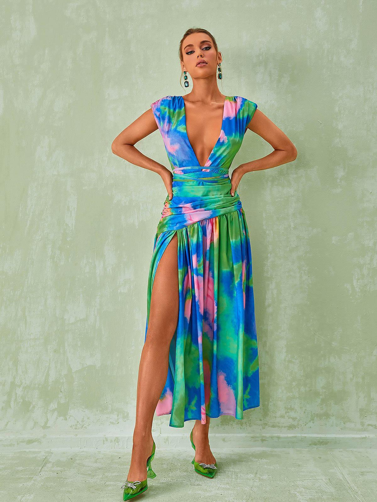 Monique Plunge Neck Split Printed Dress-Mix MIx Style