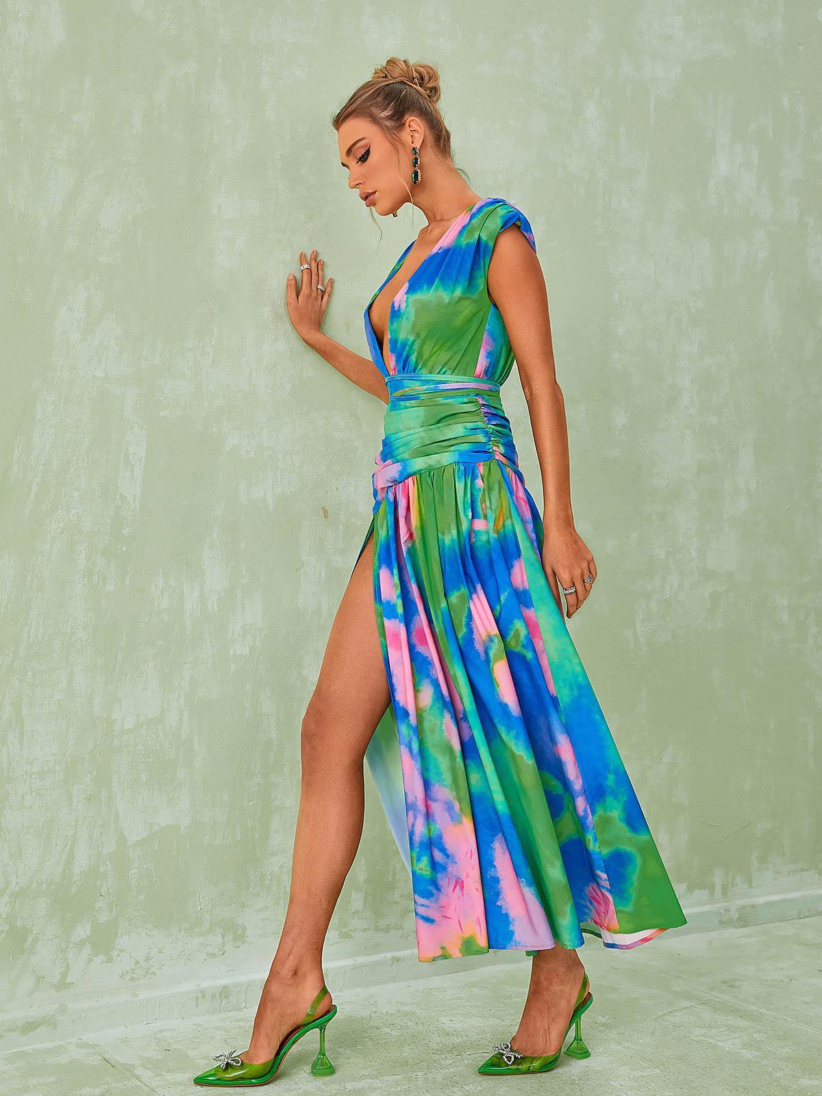 Monique Plunge Neck Split Printed Dress-Mix MIx Style