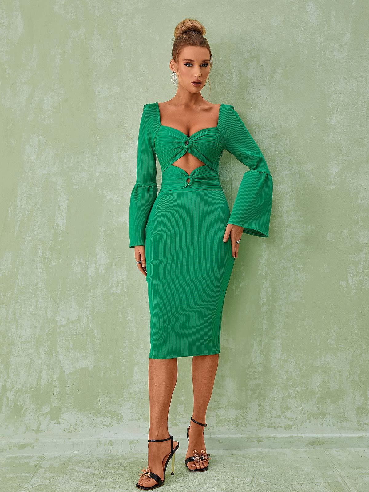 Green Long Sleeve Bandage Midi Dress | Mix Mix Style [Hot Seller]-Mix MIx Style