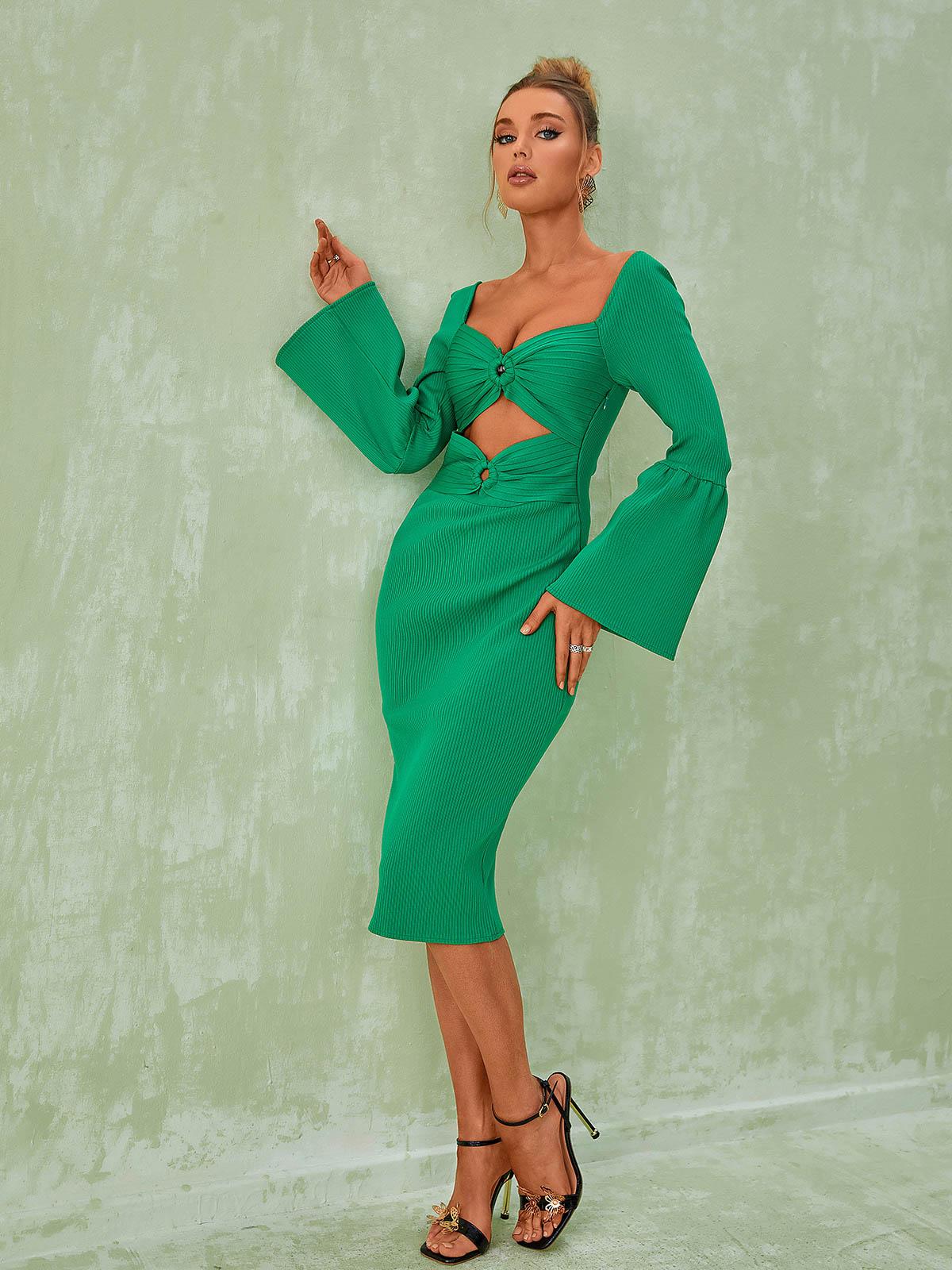 Green Long Sleeve Bandage Midi Dress | Mix Mix Style [Hot Seller]-Mix MIx Style