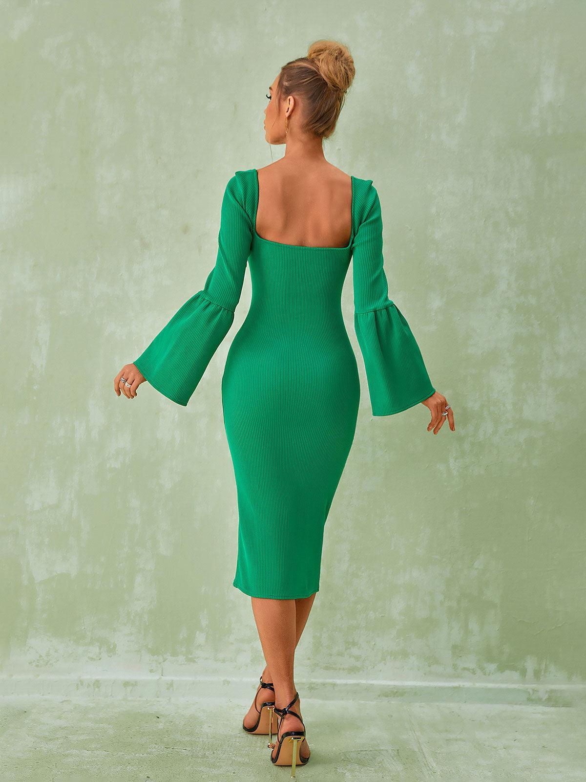 Green Long Sleeve Bandage Midi Dress | Mix Mix Style [Hot Seller]-Mix MIx Style