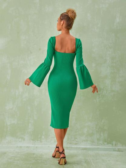 Green Long Sleeve Bandage Midi Dress | Mix Mix Style [Hot Seller]-Mix MIx Style