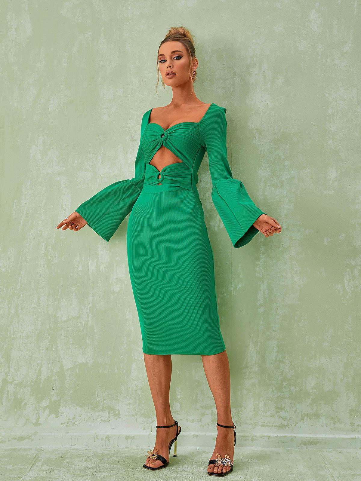 Green Long Sleeve Bandage Midi Dress | Mix Mix Style [Hot Seller]-Mix MIx Style