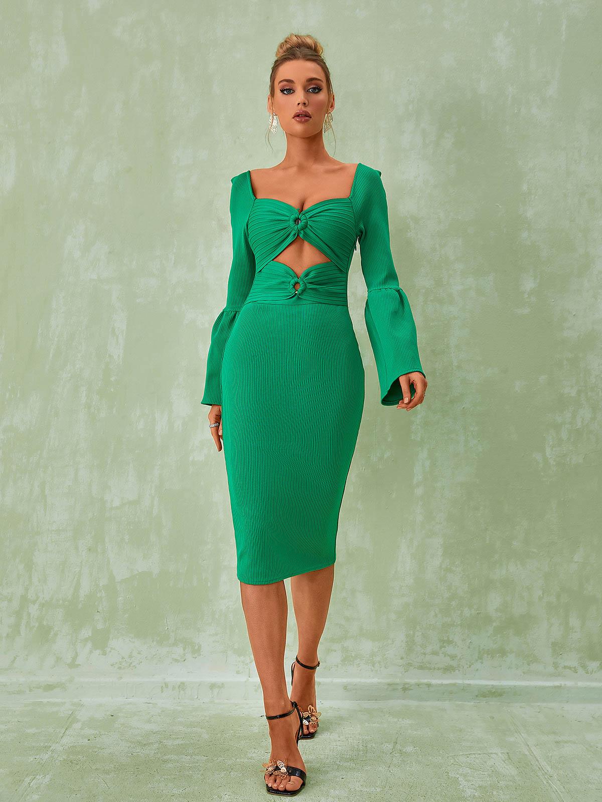 Green Long Sleeve Bandage Midi Dress | Mix Mix Style [Hot Seller]-Mix MIx Style