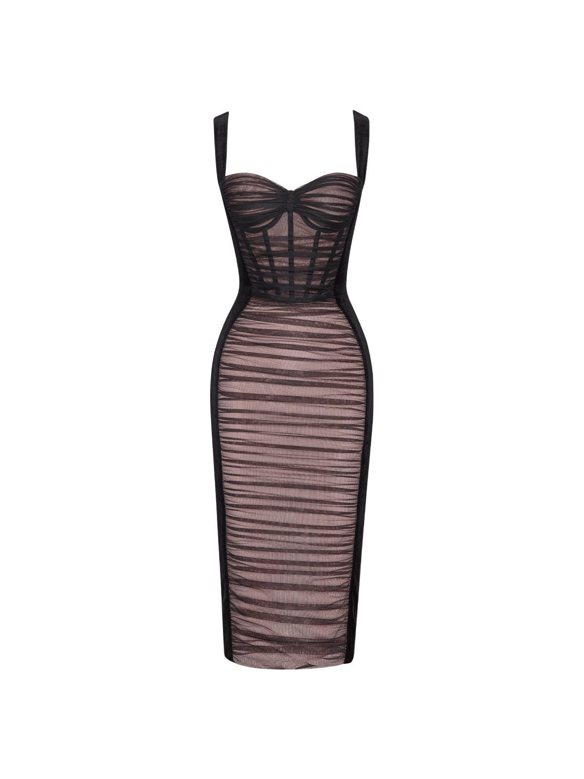 Muriel Mesh Ruched Velvet Midi Dress In Black-Mix MIx Style