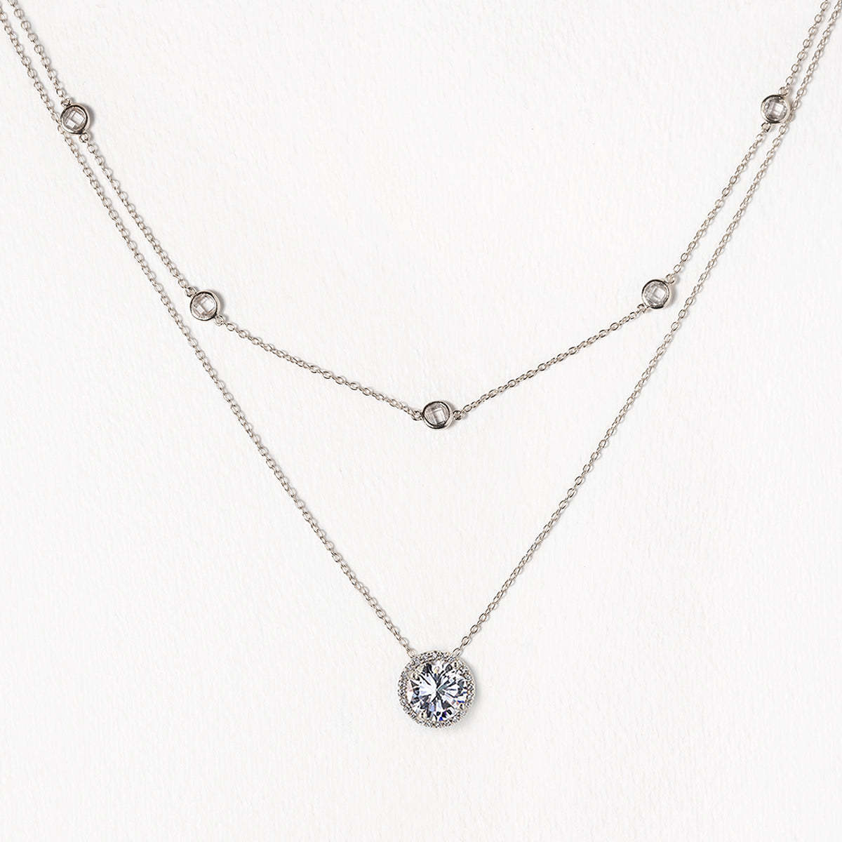 Crystal Chain Round Layered 18K White Gold Necklace | Mix Mix Style [Hot Seller]-Mix MIx Style